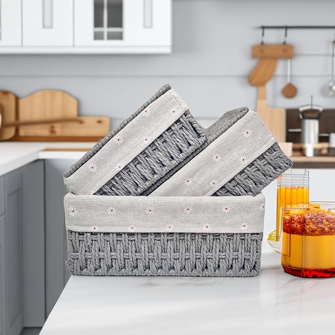 GIB Small Wicker Storage Baskets with Lids and Liner, Rectangular Paper Rope Woven Baskets for Organizing, Decorative Boxes Boho Decor for Shelves Table Desktop Makeup Organizer, Set of 3, Grey
