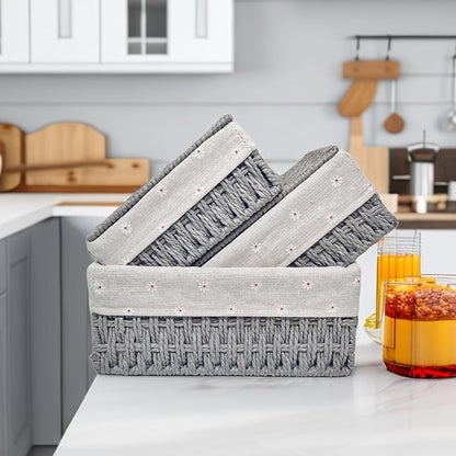 GIB Small Wicker Storage Baskets with Lids and Liner, Rectangular Paper Rope Woven Baskets for Organizing, Decorative Boxes Boho Decor for Shelves Table Desktop Makeup Organizer, Set of 3, Grey