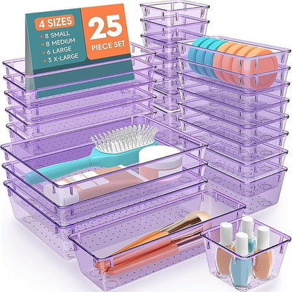 SpaceHacks 25 PCS Plastic Drawer Organizer Set, 4-Size Versatile Organizer Trays & Storage Bins for Makeup, Jewelry, and Gadgets in Bathroom, Bedroom and Office,Clear Purple