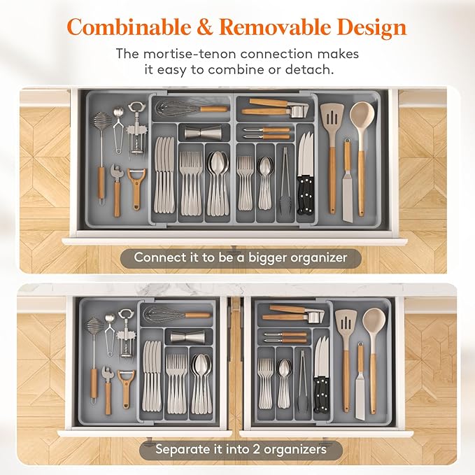 Lifewit Silverware Drawer Organizer, Expandable BPA Free Plastic Utensil Tray for Kitchen, Adjustable Flatware Cutlery Holder for Spoons Forks Knives, 21.3- 36 x 16.9", Gray