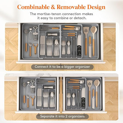 Lifewit Silverware Drawer Organizer, Expandable BPA Free Plastic Utensil Tray for Kitchen, Adjustable Flatware Cutlery Holder for Spoons Forks Knives, 21.3- 36 x 16.9", Gray