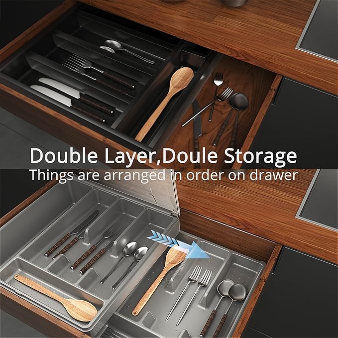 GoCozy Silverware Organizer with Lid, 9 Compartments Flatware Organizer, Plastic Utensil Holder for Countertop, Silverware Tray for Drawer, Gray