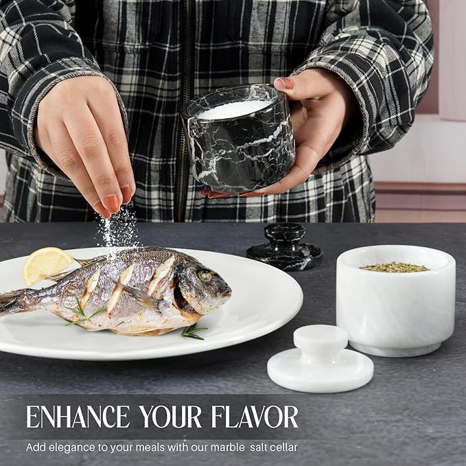 MARBLOUS KRAFTS Marble Salt Cellar with Lid 3" White and Black Zebra Spice Jar For kitchen Counter Stone Salt Container and Salt, Pepper Bowls, Perfect Mother’s Day Gift