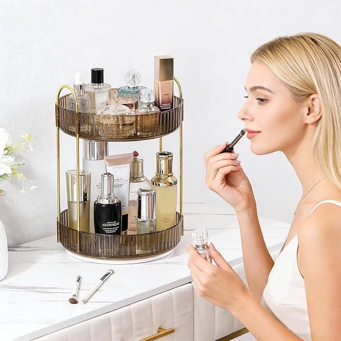 Aveniee 360 Rotating Makeup Organizer for Vanity, Perfume Sincare Organizers Bathroom Countertop Storage, Clear Cosmetics Lipstick Holder for Dresser,2 Tiers, Brown