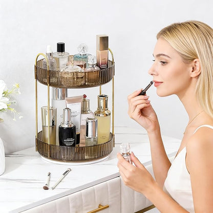 Aveniee 360 Rotating Makeup Organizer for Vanity, Perfume Sincare Organizers Bathroom Countertop Storage, Clear Cosmetics Lipstick Holder for Dresser,2 Tiers, Brown