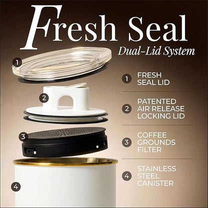 STYLED SETTINGS Vacuum Coffee Canister with Airtight Lid - Dual-Lid Airtight Coffee Canister with Scoop and Label for Beans and Grounds, Food Storage Container -White and Gold Kitchen Accessories