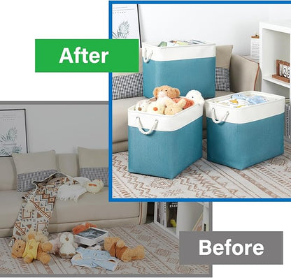 Bidtakay Extra Large Storage Baskets for Shelves 3 Pack Fabric Storage Bins for Organizing Linen Collapsible Organizer for Closet-White&Teal