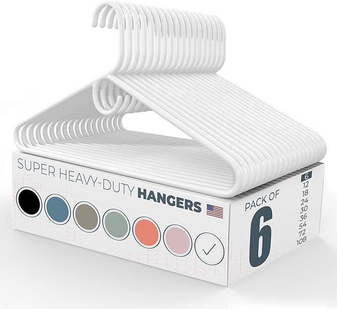 Super Heavy Duty Clothes Hangers 6 Pack – Made in the USA - 10lb Capacity, Thick Plastic Hangers for Pants, Coats, Jackets, Jeans and Adult Clothing – White