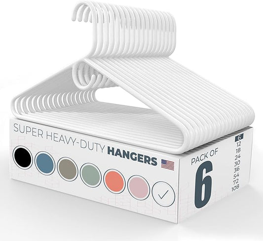Super Heavy Duty Clothes Hangers 6 Pack – Made in the USA - 10lb Capacity, Thick Plastic Hangers for Pants, Coats, Jackets, Jeans and Adult Clothing – White