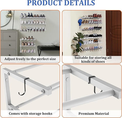Wall Mounted Shoe Rack, 3 Tier Hanging Shoe Rack Holds 12 Pairs, 17"-30" Adjustable Heavy Duty Metal Shoe Organizer Holder with 2 Storage Hooks, Space Saving for Closet Entryway Doorway（White