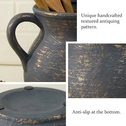 MIYUKI Rustic Kitchen Utensil Holder - 7.6 Inch Ceramic Utensil Crock for Countertop, Vintage Kitchen Counter Decor