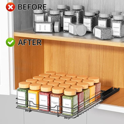 RCHYFEED Pull Out Spice Rack Organizer for Cabinet,Slide out Spice Organization for Inside Cabinets,Heavy Duty Seasoning Organizer Fits Kitchen and Pantry,Sauces,Canned (10.5''Wx10.5''Dx2.5''H)