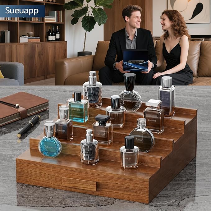 Cologne Organizer for Men,4 Tier Walnut Wood Cologne Stand,Cologne Shelf Display Holder with Hidden Storage and Drawer,Perfume Stand Organizer Great Gifts for Men