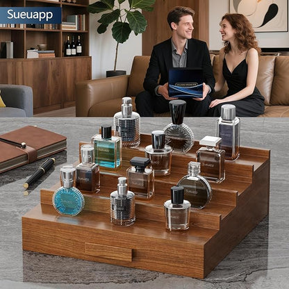 Cologne Organizer for Men,4 Tier Walnut Wood Cologne Stand,Cologne Shelf Display Holder with Hidden Storage and Drawer,Perfume Stand Organizer Great Gifts for Men