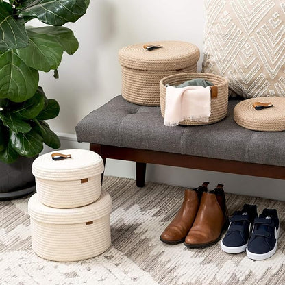 DENJA & CO Set of 2 Decorative Storage Baskets with Lids - Round Woven Baskets for Home Decor and Organizing - Small Shelf Baskets with Leather Tabs and Handles - Decorative Storage and Organizer Bins