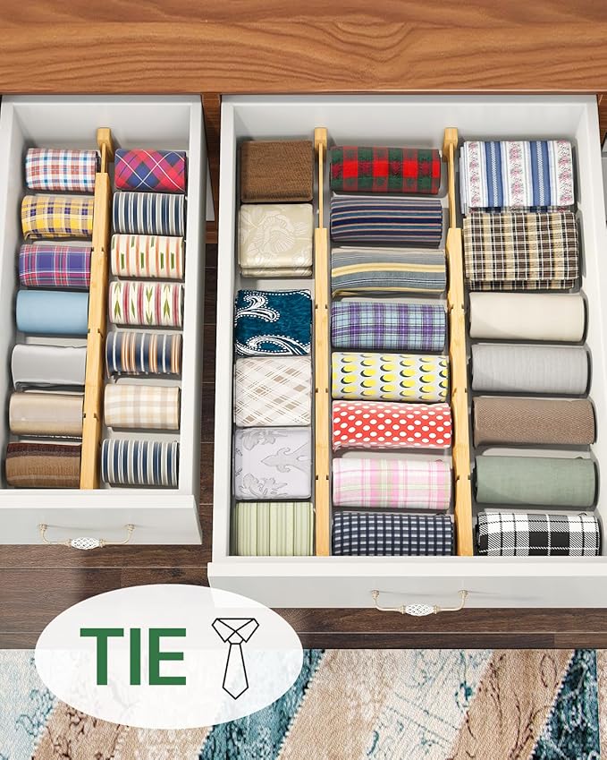 kiplant Bamboo Drawer Dividers - Adjustable Drawer Dividers for Clothes, Kitchen, Closet & Office - 8 Pack with Inserts, 18-22.6 Inches, Non-Slip Silicone Ends