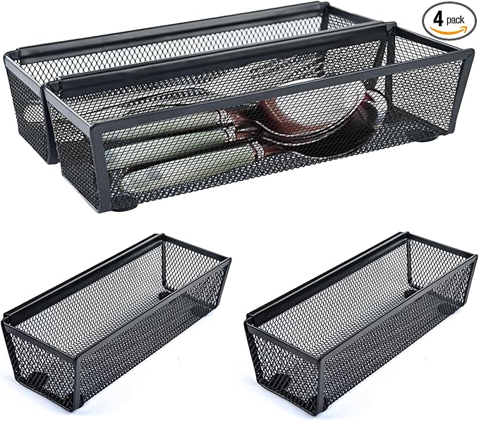 4PCS Drawer Organizer for Kitchen,Utensil Mesh Drawer Organizer with Interlocking Arm for Cosmetic,Flatware,Pen (9 * 3 * 2 Inches,Black)