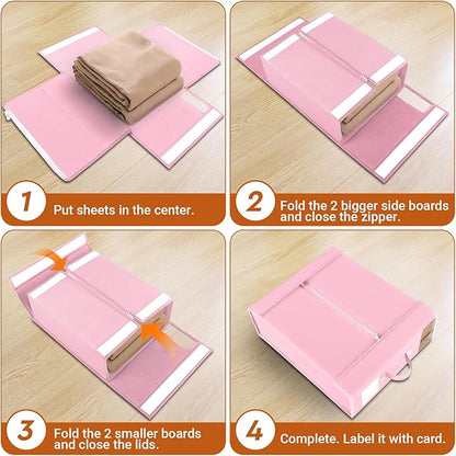 StorageTastic 8 Pack Bed Sheet Closet Organizers and Storage,Sturdy Foldable Storage Containers with Window and Label,Storage and Organization for Bedding Sheets,Duvet Covers,Blankets (Pink)