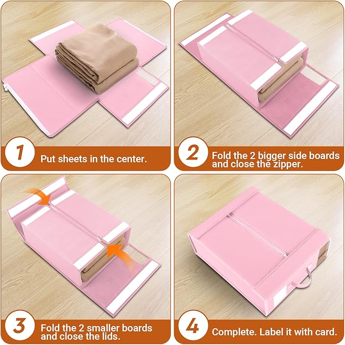 StorageTastic 6 Pack Bed Sheet Closet Organizers and Storage,Sturdy Foldable Storage Containers with Window and Label,Storage and Organization for Bedding Sheets,Duvet Covers,Blankets (Pink)