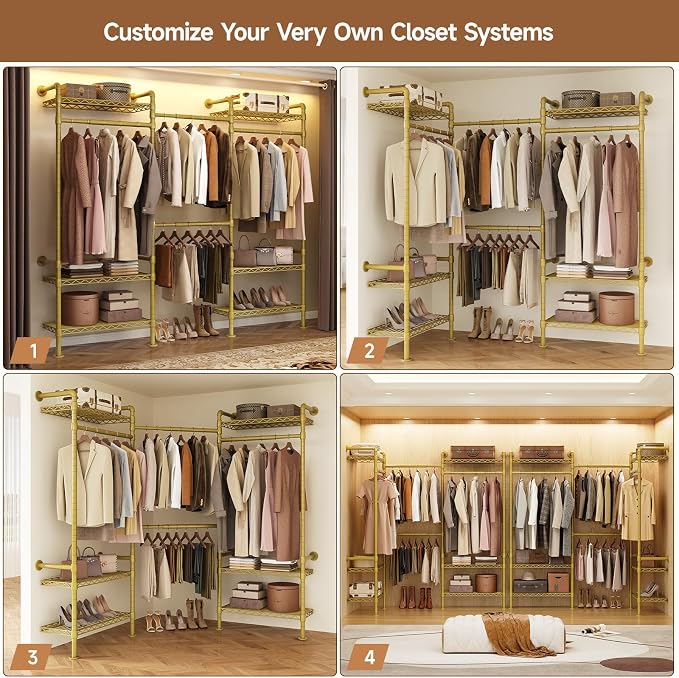 Wall-Mounted 3-Section Closet System, Expandable Industrial Pipe Clothing Rack with 4 Telescopic Rods & 6 Mesh Shelves, Heavy Duty Garment Organizer for Walk-In Closets & Bedrooms, Gold