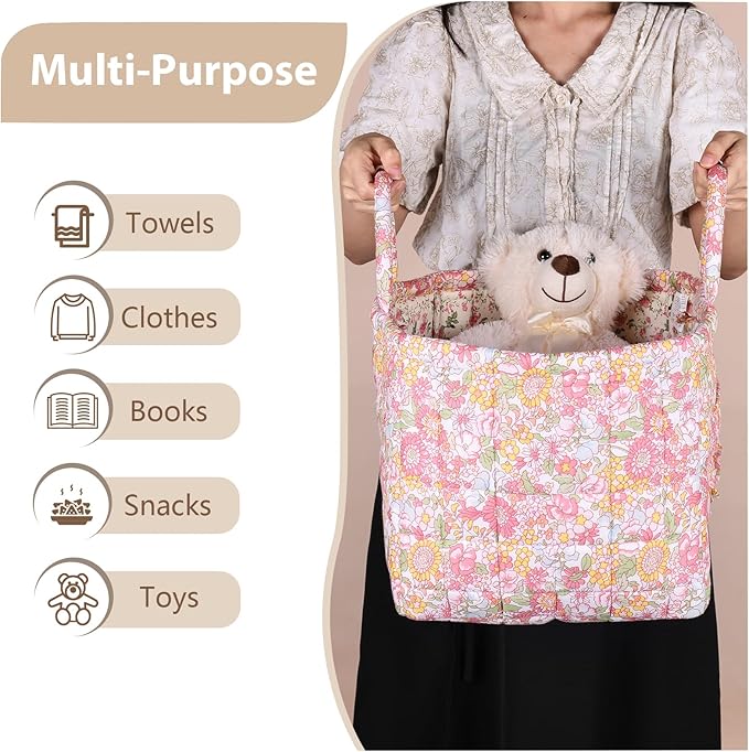Storage Basket Boho Fabric Large Collapsible Floral Laundry Nursery Hamper Portable Folding Storage for Clothes Toys (Yellow)
