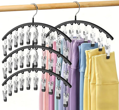 Legging Organizer for Closet, Metal Yoga Pants Hangers 4 Pack w/10 Clips Holds 40 Leggings, Space Saving Hanging Closet Organizer w/Rubber Coated Closet Organizers and Storage, Black