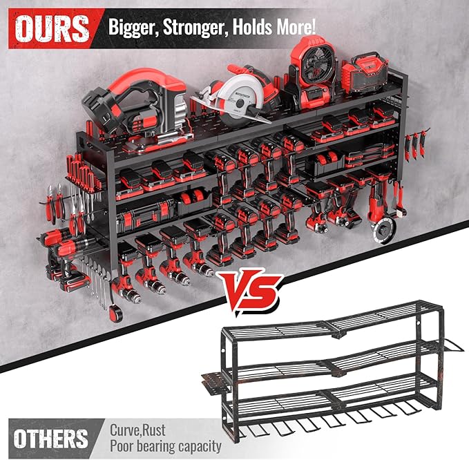 49.8" W Super Large Power Tool Organizer Wall Mount,4-Layer Heavy Duty Tool Storage with 18 Cordless Drill Holder,600 lb Capacity Garage Organization for Garage and Workshop (Black)