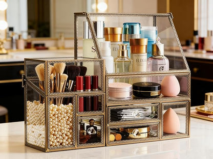Luxury Glass Makeup Organizer Antique Bronze Metal Frame, Clear Vanity Countertop Storage Case for Cosmetics, Skincare, Perfume, Jewelry, Brush Holder & Drawers for Bathroom, Bedroom, Dressing Table