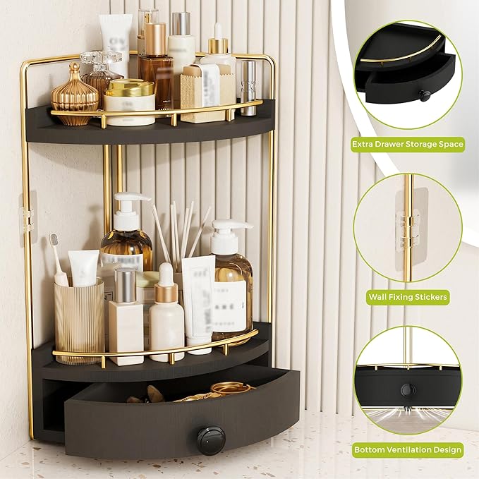 2-Tier Corner Bathroom Counter Organizer with Drawer & Embedded Screw Holes - Wooden Countertop Organizers for Skincare, Makeup Storage, Bathroom Sink Counter Shelf for Vanity, kitchen, Black Gold