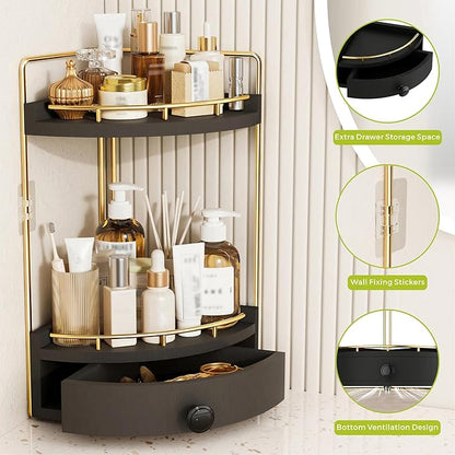 2-Tier Corner Bathroom Counter Organizer with Drawer & Embedded Screw Holes - Wooden Countertop Organizers for Skincare, Makeup Storage, Bathroom Sink Counter Shelf for Vanity, kitchen, Black Gold