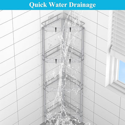 HuggieGems 4 Tier Floor Standing Corner Shower Caddy Organizer Shelf with Hooks, Bathroom Shelves Stand Rack, Silver