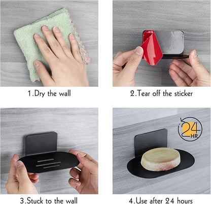 Stainless Steel Soap Tray, 3 Slot Self-Adhesive Wall Mounted Shower Soap Stand (Black)