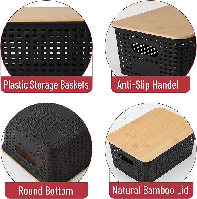 BAMBOO LAND- Plastic Storage Baskets with Bamboo Lid, 6 pcs, Black Small Pantry Storage Baskets with Lids