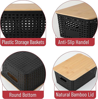 BAMBOO LAND- Plastic Storage Baskets with Bamboo Lid, 6 pcs, Black Small Pantry Storage Baskets with Lids