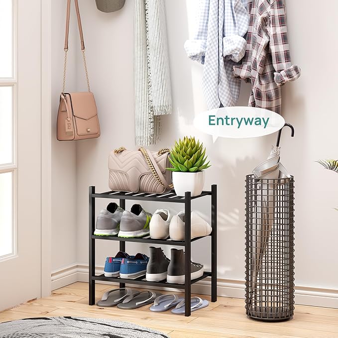 viewcare Small Shoe Rack for Entryway,3-Tier Black Bamboo Shoe Organizer for Hallway Closet, Free Standing Shoe Racks for Indoor Outdoor