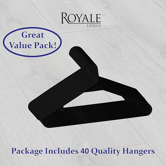 Royale Linens Plastic Hangers 40 Pack - Black Clothes Hanger with Hooks – Heavy Duty Space Saving Coat Hangers Ideal for Everyday Use for Tops, Skirt, Dress, Shirts, Pants