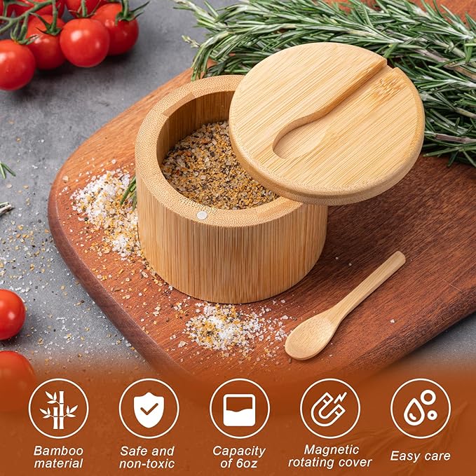 Husfunov Bamboo Salt Cellar, Salt Box with Magnetic Swivel Lid, Spice Box with Spoon, Round Salt Container for Storing Salt Pepper Sugar Herbs,6 Ounce Capacity
