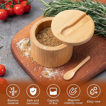 Husfunov Bamboo Salt Cellar, Salt Box with Magnetic Swivel Lid, Spice Box with Spoon, Round Salt Container for Storing Salt Pepper Sugar Herbs,6 Ounce Capacity