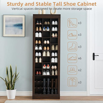 Shoe Storage Cabinet, Freestanding Tall Closet Shoe Organizer with Cubbies for 33 Pairs, Wooden Shoe Rack for Closet, Entryway, Living Room