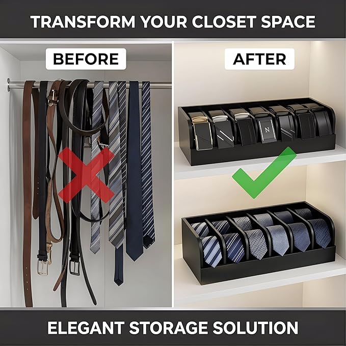 Belt Organizer, 7 Compartments Storage & Display Box for Closet Drawer, Holder Case for Ties and Belts, Bamboo Storage for Men Women (Black)