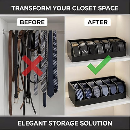 Belt Organizer, 7 Compartments Storage & Display Box for Closet Drawer, Holder Case for Ties and Belts, Bamboo Storage for Men Women (Black)