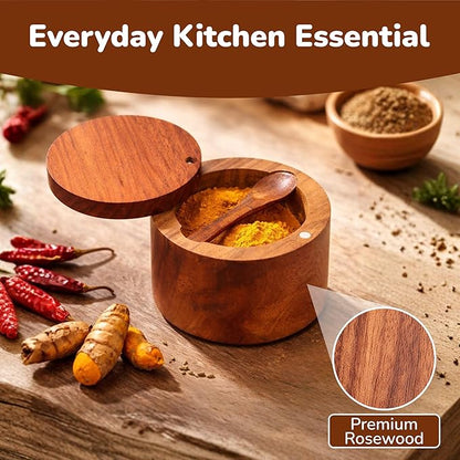 Wooden Salt Cellar with Magnetic Swivel Lid & Built-in Spoon, Salt Box for Kitchen Countertop, Premium Rosewood Salt Keeper for Sea Salt, Pepper & Spices (4.5 oz)