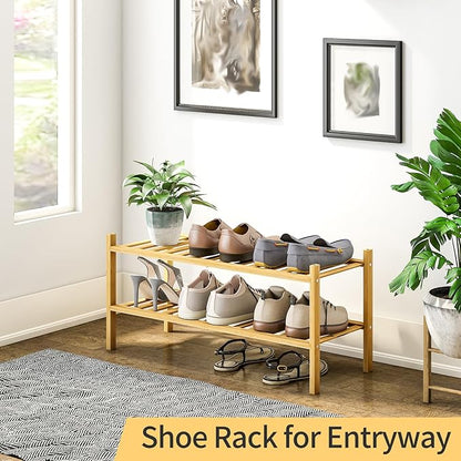 2-Tier Bamboo Shoe Rack for Entryway, Stackable | Heavy Duty | Multi-Function, Free Standing Shoe Racks for Bedroom Hallway Closet