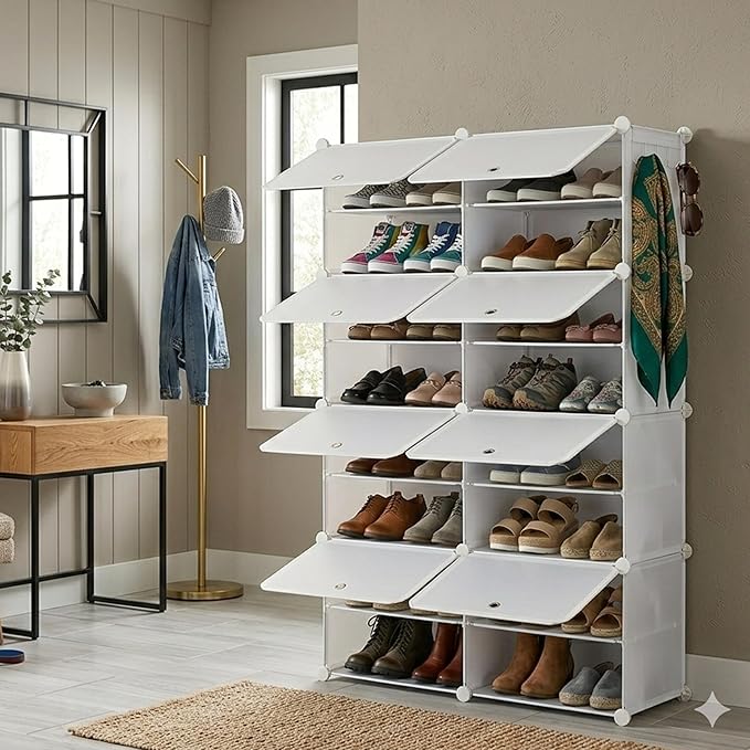 HealSmart Shoe Rack Organizer with Door, Shoe Storage Cabinet, Stackable Plastic Shelves for Closet, Entryway, Hallway, Bedroom, 8-Tier 32-Pair, White