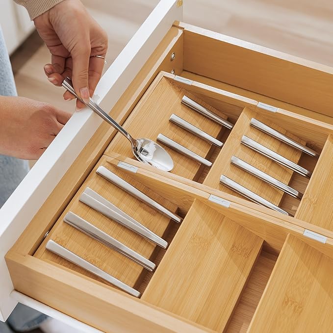 KitchenEdge Premium Cutlery, Flatware, and Silverware Drawer Organizer – Slanted 3-Compartment Design with Labeled Slots, Non-Slip Feet, 100% Sustainable Bamboo, 2 Pack