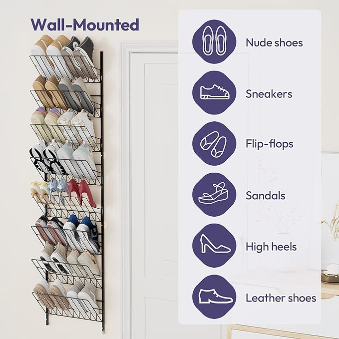SWTYMIKI Over the Door Shoe Organizer - Adjustable 8 Tier Hanging Shoe Rack Organizer, Metal Heavy Duty Behind Door Storage or Wall Mount Shoes Shelf for Flats, Heels, Sneakers, Boots, Black