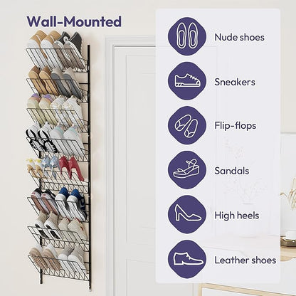 SWTYMIKI Over the Door Shoe Organizer - Adjustable 8 Tier Hanging Shoe Rack Organizer, Metal Heavy Duty Behind Door Storage or Wall Mount Shoes Shelf for Flats, Heels, Sneakers, Boots, Black