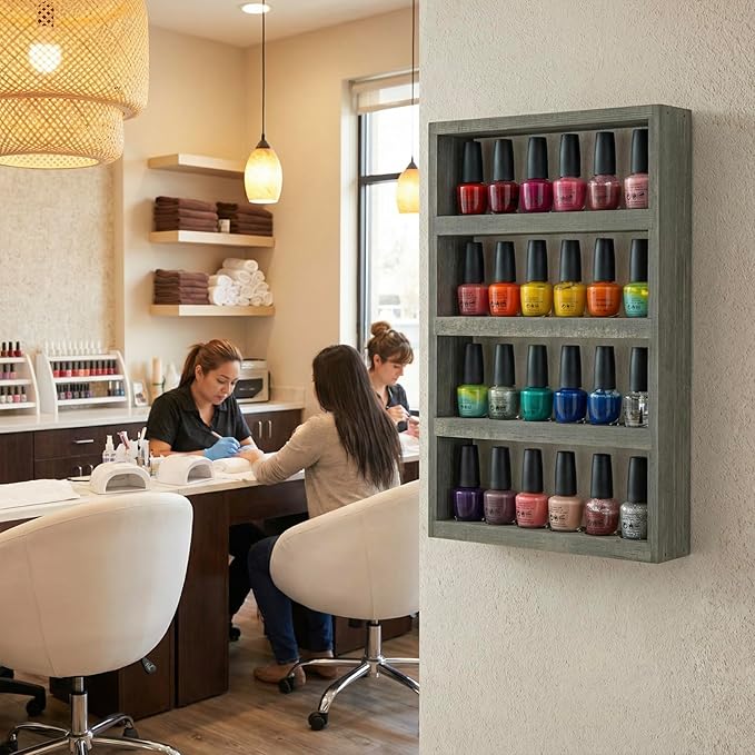 MyGift Vintage Weathered Gray Solid Wood Wall-Mounted Essential Oil Holder Rack – 24-Bottle Storage Display Shelf