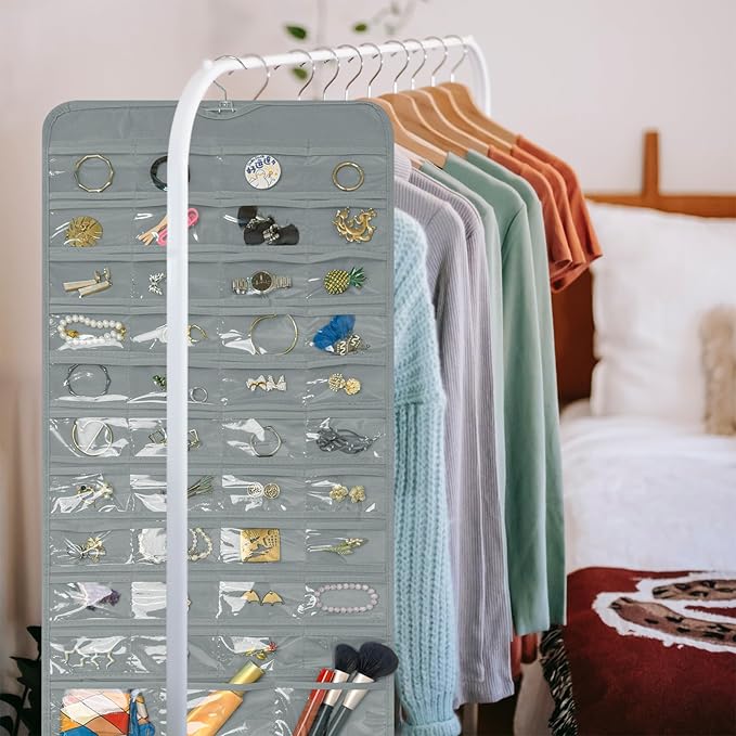 Bloss Hanging Jewelry Organizer With 90 Pockets,Earring Holder Organizer Storage For Valentine's Day Gift,Double-Sided Jewelry Holder for Earrings, Necklaces, Rings on Closet,Wall,Door(Grey)