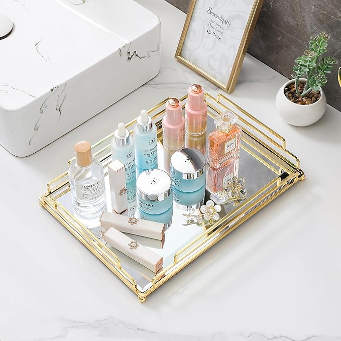 Mirror Tray Modern Style Gold Vanity Perfume Tray for Bathroom Vanity Bedroom (Champagne Gold)